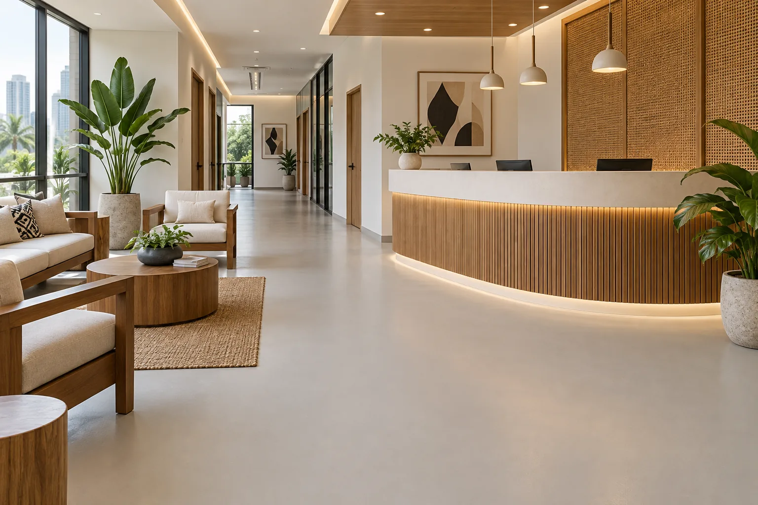 Illustrative Nigerian clinic reception with a calm, seamless pale grey epoxy floor