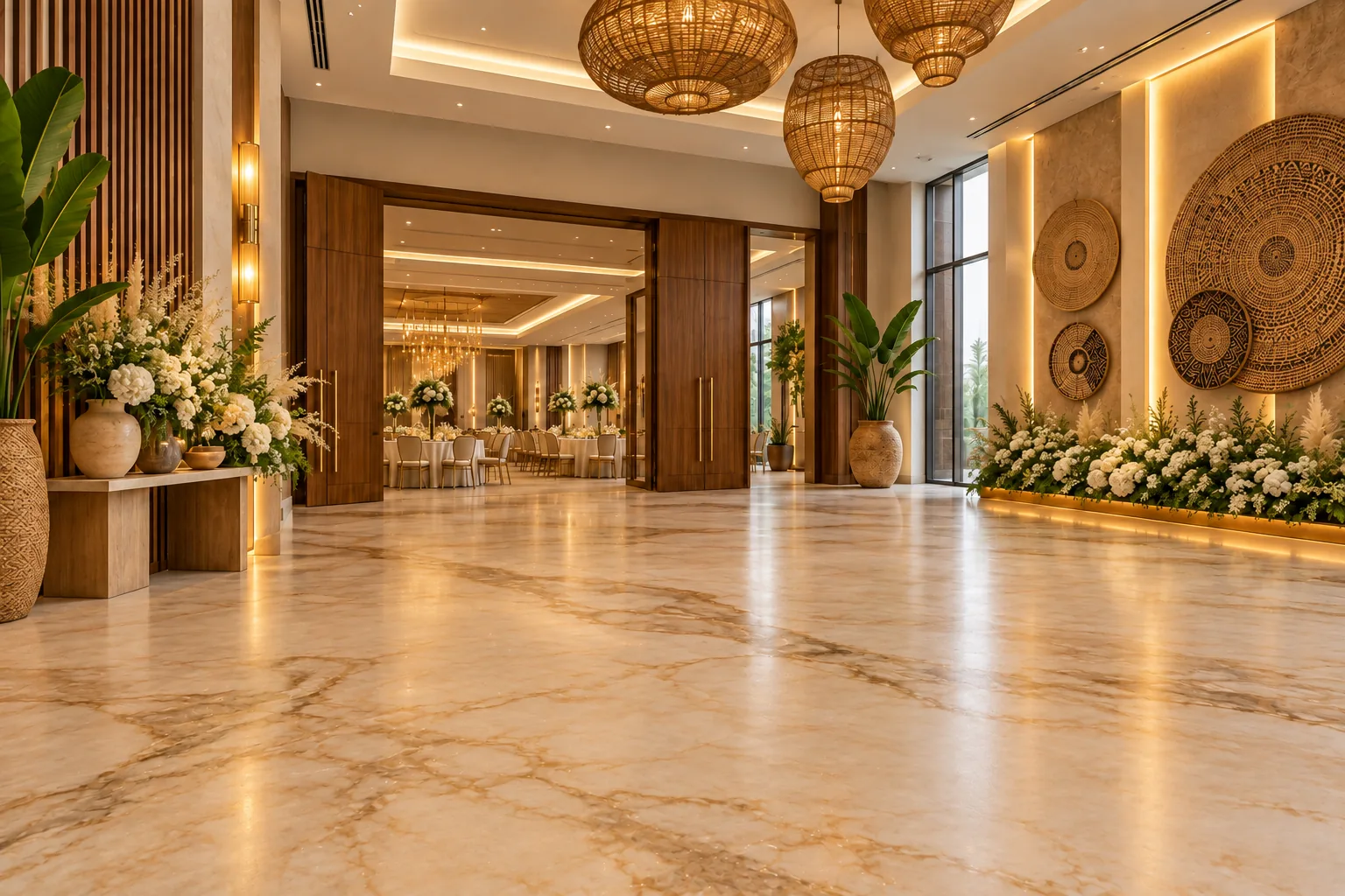 Illustrative Nigerian event centre foyer with a pearl and bronze epoxy floor