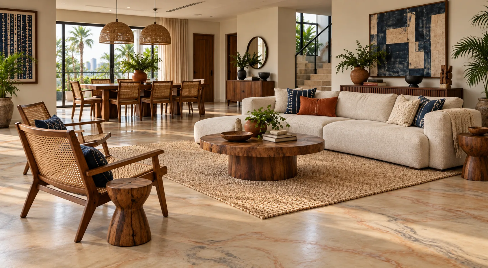 Illustrative Nigerian family living room with a sand, terracotta and indigo marbled epoxy floor