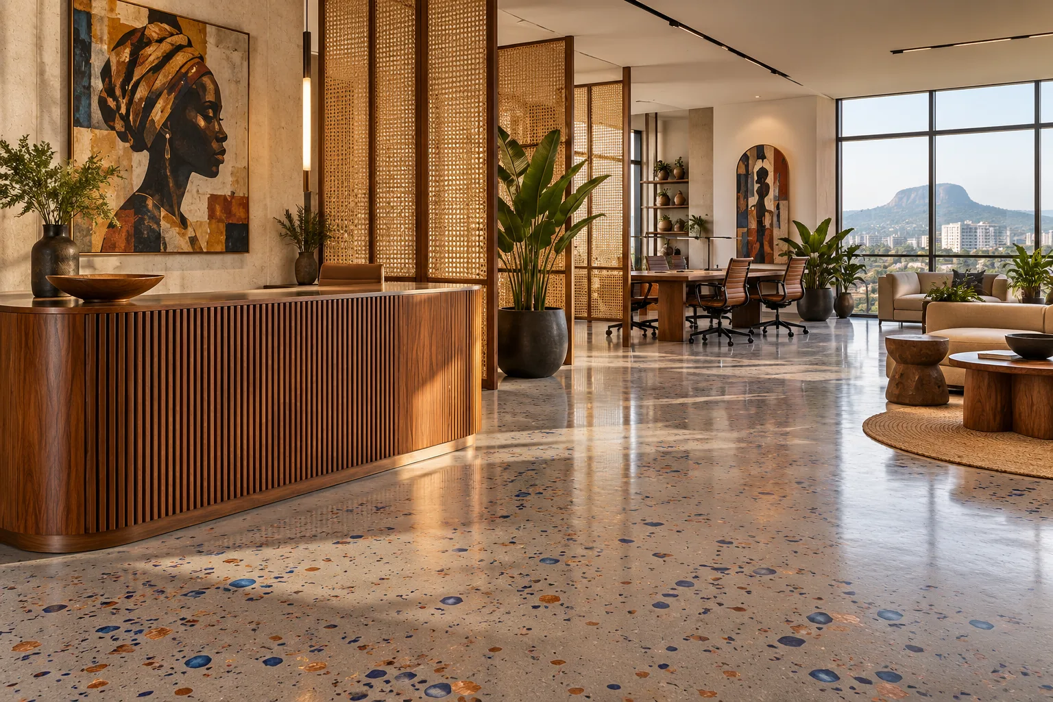 Illustrative Nigerian office reception with a warm grey epoxy floor and timber desk
