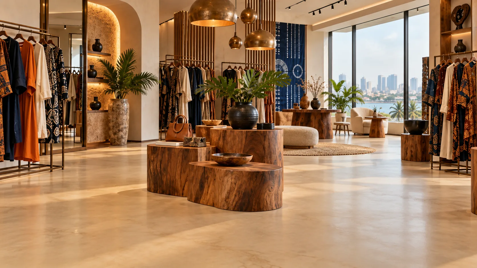 Illustrative Nigerian fashion boutique with a subtle cream epoxy floor and locally inspired displays