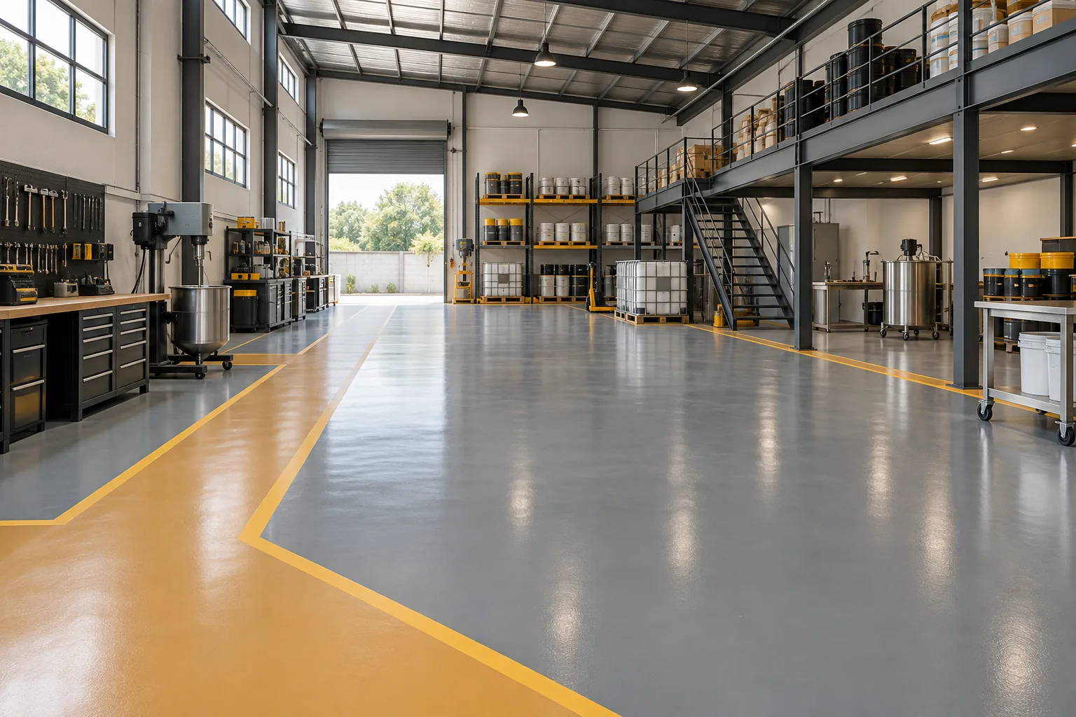 Illustrative Nigerian workshop with a grey epoxy floor and marked circulation route