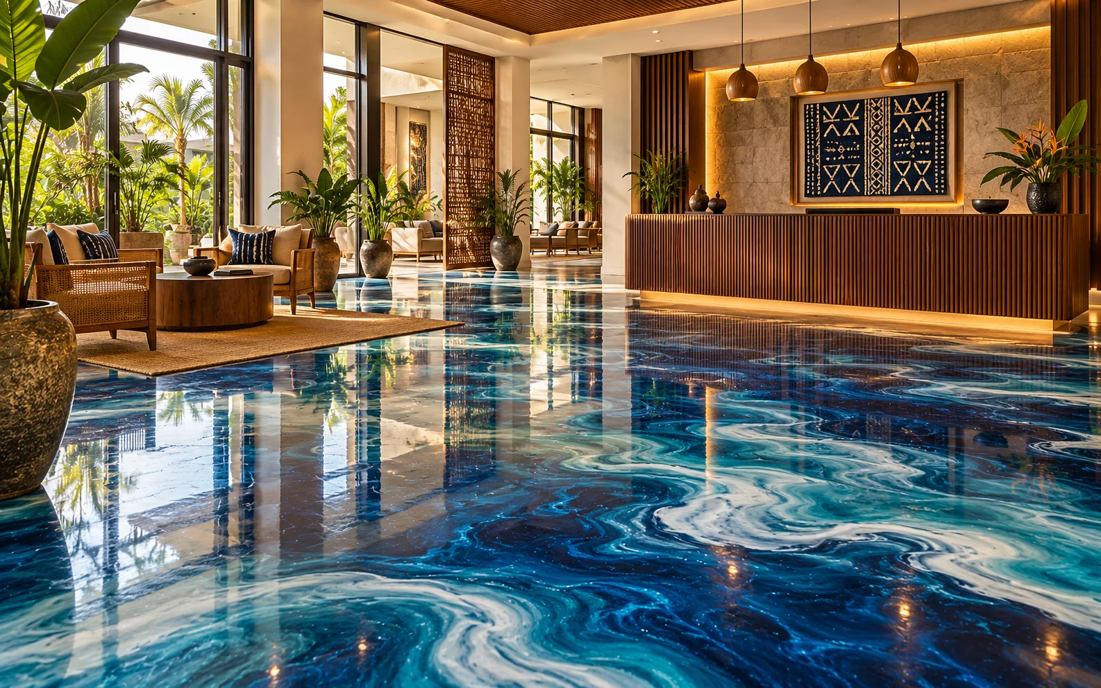 Illustrative Nigerian boutique hotel lobby with a blue marbled epoxy floor