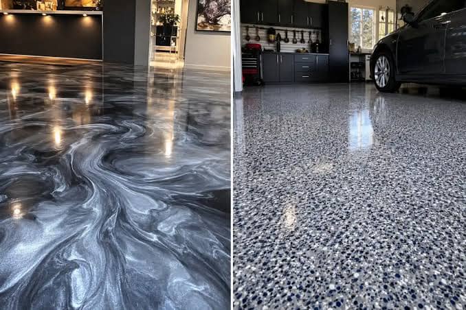 Side-by-side views of a silver metallic floor and a speckled garage floor