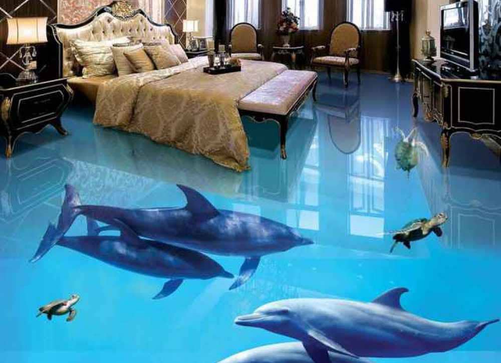Bedroom with a blue dolphin-themed three-dimensional floor graphic