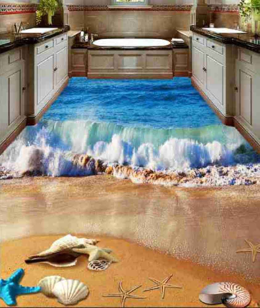 Bathroom floor artwork depicting a beach and incoming wave