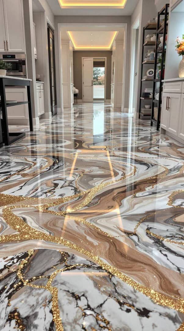 Hallway floor with cream, charcoal and gold marble-like pattern