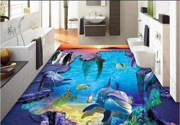 Bathroom floor with a colourful underwater dolphin graphic