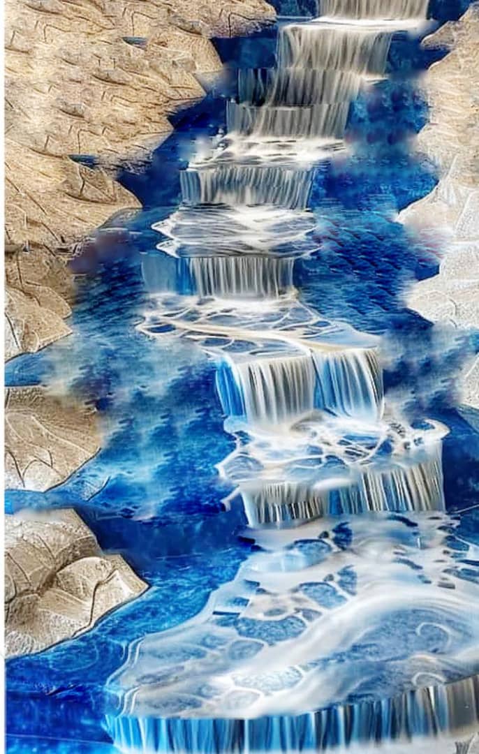 Floor artwork designed to resemble cascading blue waterfalls